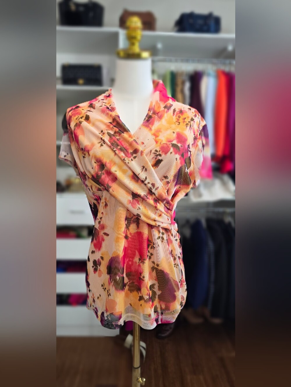 DKNY Size M -Floral Wrap-Style Short Sleeve Top - Peach & Pink - Picture 3 of 8